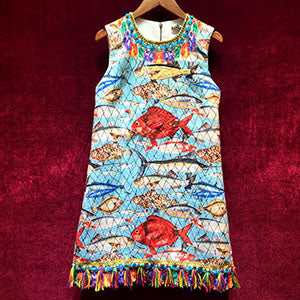 Summer Runway Tank Dress Women's High Quality Jacquard Fish Printing Fashion Dresses Luxury Beaded Diamond Dress