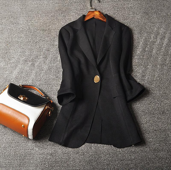 2022 Women White Blazer Slim Casual One Button Suit Coat Outerwear Office Lady Solid Blazer