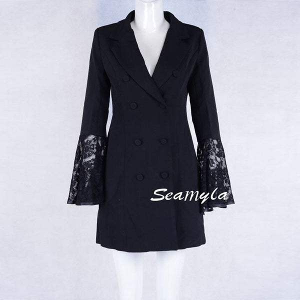 2022 New Winter Blazers Double Breasted Notched Lace Flare Sleeve Women Blazer Slim Fashion Designer Runway Jackets
