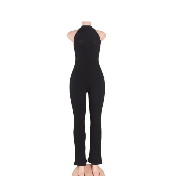 Rompers Women Jumpsuit 2022 New Fashion Sleeveless Sexy Backless Round Neck Knitted Bodycon Grey Long Pant Jumpsuits