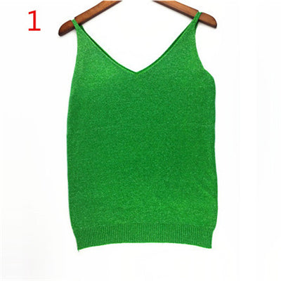 Sexy Knitted Tank Tops Women Gold Thread Top Vest Sequined V Neck Long Tank Tops Blusa Solid Silver Camis Beige Fitness Sweater
