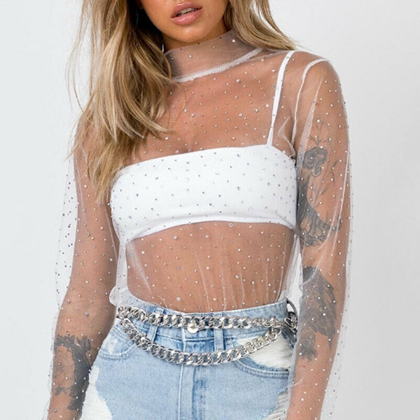 Sexy Women Ladies See through Blouse Long Sleeve Mesh Night Club Wear Meksh Sheer Tops Transparent Shirt Blouses Tee