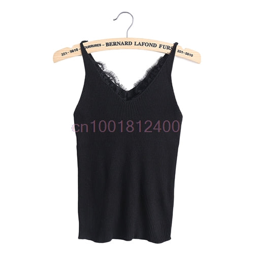 Sexy Women Plain Camisole Lace Splicing Double V-neck Vest Slim Sling Tank Tops
