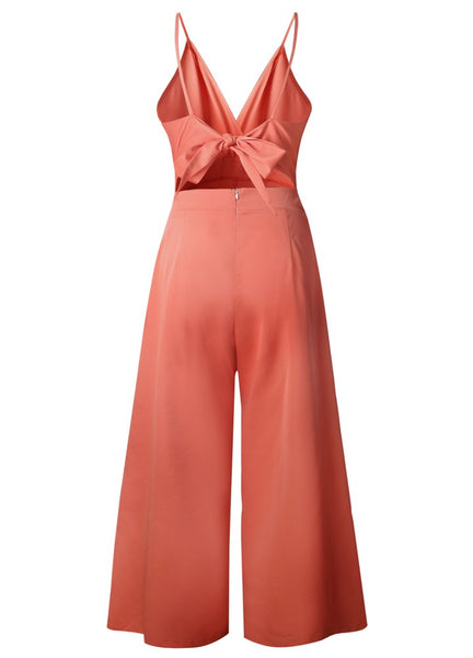 Sexy Women Romper Sleeveless Jumpsuit Deep V Neck Backless Bandage Spaghetti Strap Wide Leg Pants Slim Playsuit female Orange