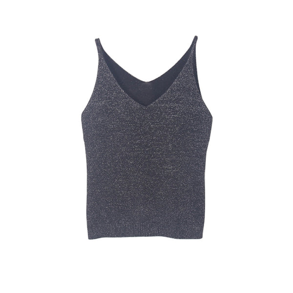 Sexy Women V Neck Sleeveless Knitted Tops T Shirt Spaghetti Strap Casual T-shirts