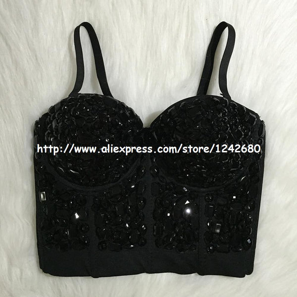 Hand-made Beaded Gaga Rhinestone Bustier Pearls Push Up Night Club Bralette Women's Bra Cropped Top Vest Plus Size