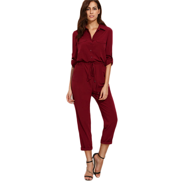 Burgundy Women Jumpsuit 2022 Autumn Ladies Lapel Tie Waist Dual Pockets Rolled Sleeve Buttons Front Office Jumpsuit