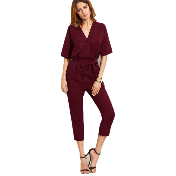 Burgundy Women V Neck Jumpsuit Office Ladies Short Sleeve Overalls Elegant Jumpsuits Drop Shoulder Self Tie Jumpsuit
