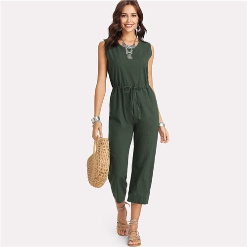 Drawstring Waist Solid Jumpsuit 2022 Summer Round Neck Sleeveless Mid Waist Jumpsuit Women Army Green Elegant Jumpsuit