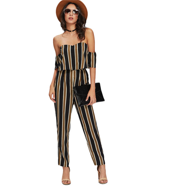 Flounce Layered Neck Striped Jumpsuit 2022 Off The Shoulder Short Sleeve Sexy Jumpsuit Women Elegant Party Jumpsuit