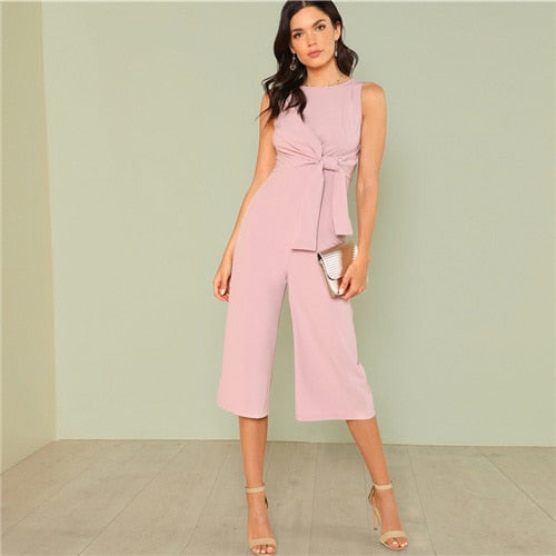 Knot Front Pink Jumpsuit Women Sleeveless Solid Mid Waist Wide Leg Jumpsuit Ladies Summer Workwear Elegant Jumpsuit
