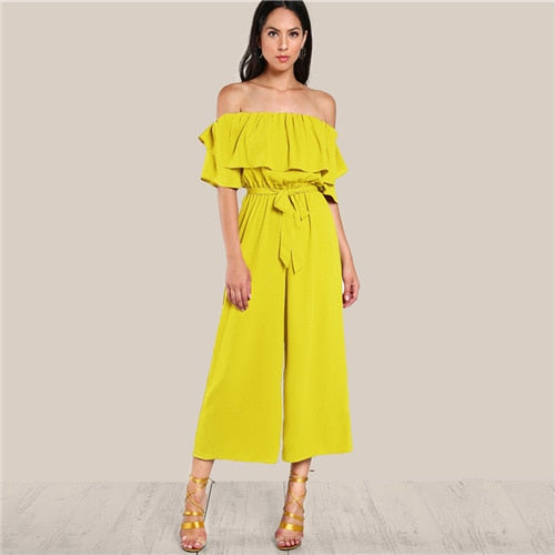 Ruffle Off Shoulder Wide Leg Beach Jumpsuit Self Tie Belted High Waist Jumpsuit Women Summer Yellow Elegant Jumpsuit