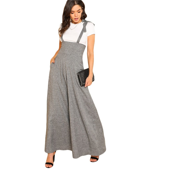 Self Tie Strap Wide Leg Jumpsuit 2022 Spring Grey Sleeveless High Waist Loose OL Work Jumpsuit Women Elegant Jumpsuit