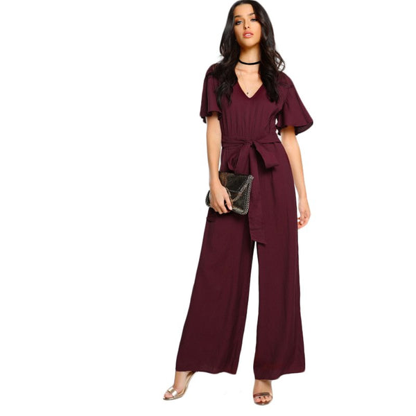 Sexy Choker Neck Self Tie Bow Belt Palazzo Jumpsuit 2022 Ladies Burgundy V neck Short Sleeve Elegant Jumpsuit