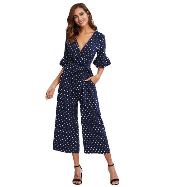 Tiered Flare Sleeve Surplice Wrap Polka Dot Jumpsuit V Neck Half Sleeve Sexy Jumpsuit Women Elegant Jumpsuit