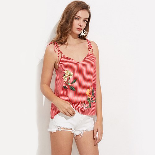 V Neck Striped Cami Red Floral Print Camisole Self Tie Shoulder Women Summer Tops 2022 New Casual Cute Ladies Camisole