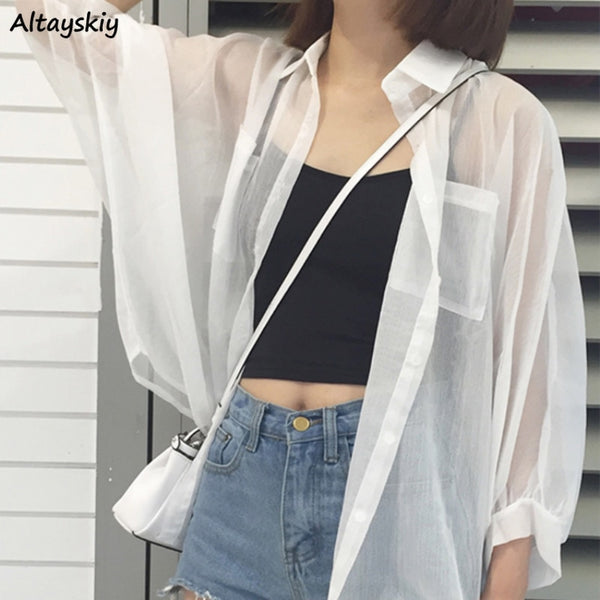 Shirts Women Summer Thin Chiffon Soft Breathable Sheer See-through Full Blouses Basic All-match Female Chic Loose New