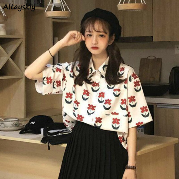 Shirts Women Trendy Korean Style Chic Ladies Top Friends Short Sleeve Summer Ins Floral Stylish Female Blouse Loose Harajuku