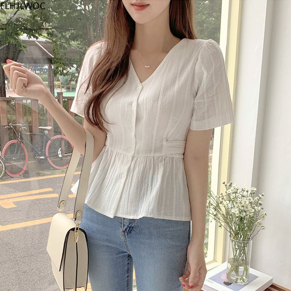 Short Chic Tops Summer Puff Sleeve Slim Waist Peplum Lace-Up Bow Tie Ruffled Shirt Blouse Women Top Korean Japan Flhjlwoc Cute
