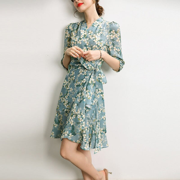 Silk dress medium length women's 2022 summer elegant Ruffle print crepe de Chine 7 / 3 sleeve silk skirt