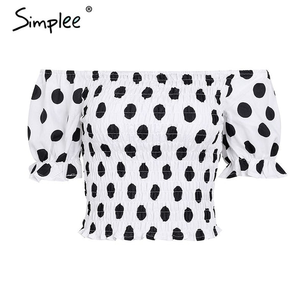 Chic casual polka crop shirt women Elastic smocking skinny crop top Puff sleeve short summer tank camisole female