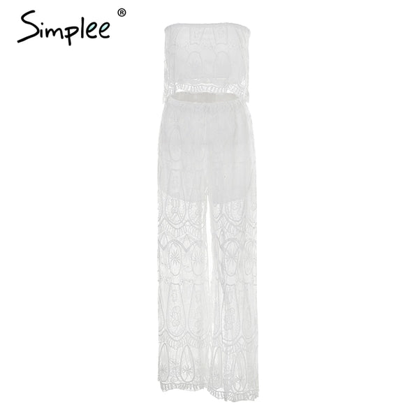 Sexy lace two-piece jumpsuit women Strapless tansparent white romper jumpsuit Elegant summer playsuit loose overalls