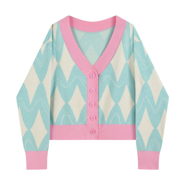 Single Breasted Casual Vintage Harajuku Knit Cardigan Sweater Women Female Elegant V-Neck Long Sleeve Loose Plaid Sweaters Tops