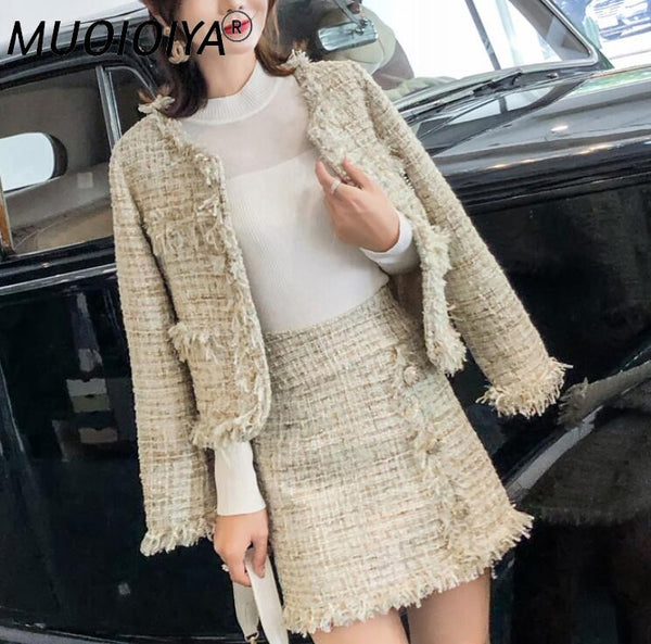 Skirt Suits Women Runway Designer Elegant Office Ladies Formal Tweed Blazer Short Jacket Coat Mini Skirt 2 Piece Set Suit Outfit