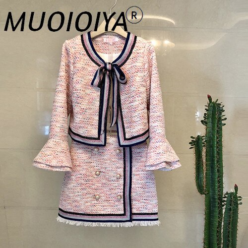 Skirt Suits Women Runway Designers Elegant Office Ladies Formal Tweed Blazer Jacket Pink Mini Skirt Two Piece Sets Winter