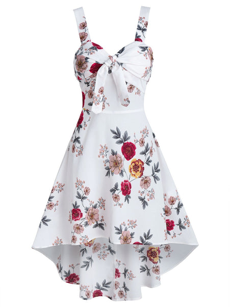 Sleeveless Floral Print Knotted High Low Boho Dress Ladies V-Neck A-Line Dress Summer Women Vintage Casual Dress Vestidos M-3XL