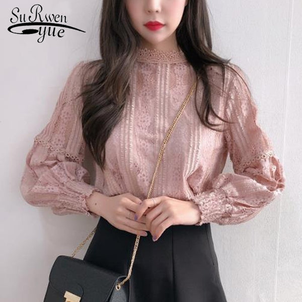 Solid Stand Women Tops Pink Clothes Blusas Mujer De Moda 2023 Vintage Ladies Tops Long Sleeve Lace Blouse Shirts 6899 50