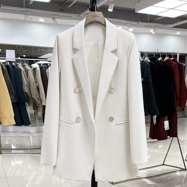 Spring Autumn Korean Style Slim Blazer Women Clothing Casual Double Breasted Office S-XL Black Beige Woman Jacket
