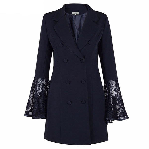 Spring Autumn Lapel Collar Lady Slim Blazer Flower Lace Hook Tuxedo Suits Double-breasted Flare sleeves Stitching Long jacket