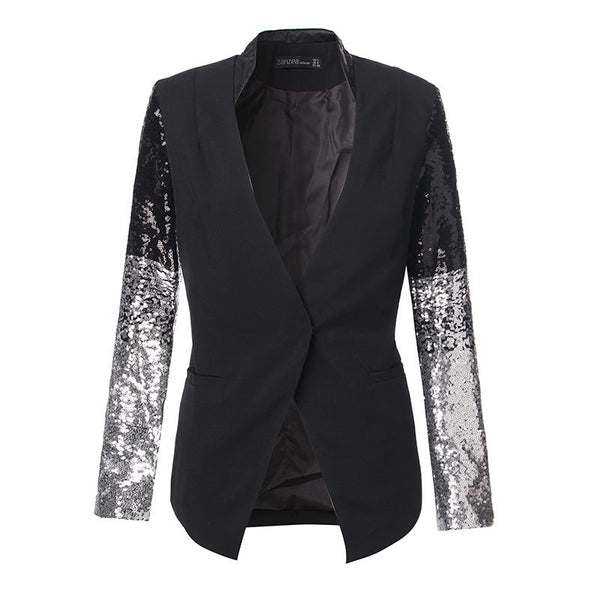 Spring Autumn Women Jacket Work Female Suit Long Sleeve Lapel Silver Black Sequins Elegant Ladies Feminino Plus Size S-4XL