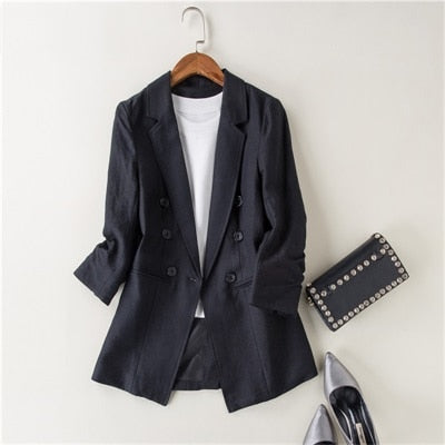 Spring Autumn Women black Blazer Double-Breasted linen suit Pockets Work Office Suits Pure color Outwear linen suit