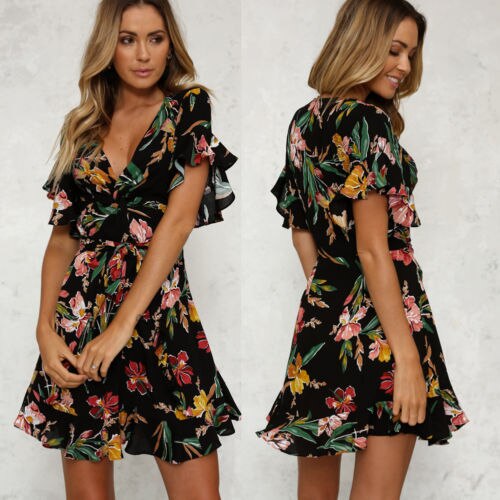 Summer Autumn Chiffon Print Dress 2019 Women Long Boho Maxi Print V-Neck Casual Chiffon Ruffles Butterfly Sleeve Beach Dress