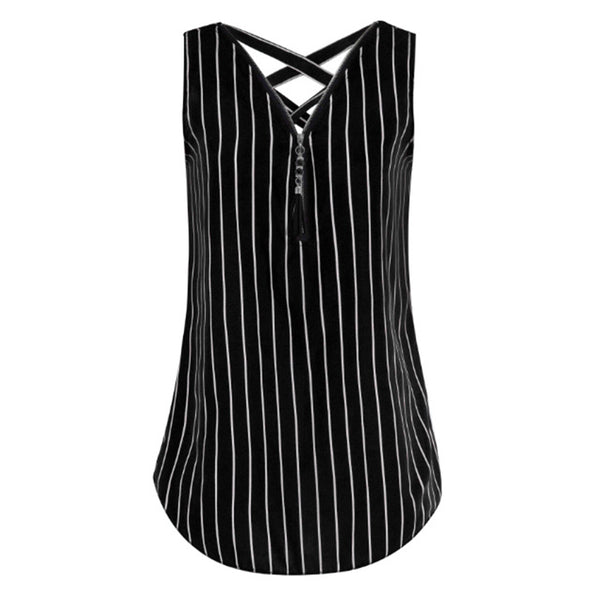 Summer Chiffon Blouse Shirts 2022 women sexy sleeveless stripe Zipper V Neck Top Women Casual Loose Tank Top plus size WS9220E
