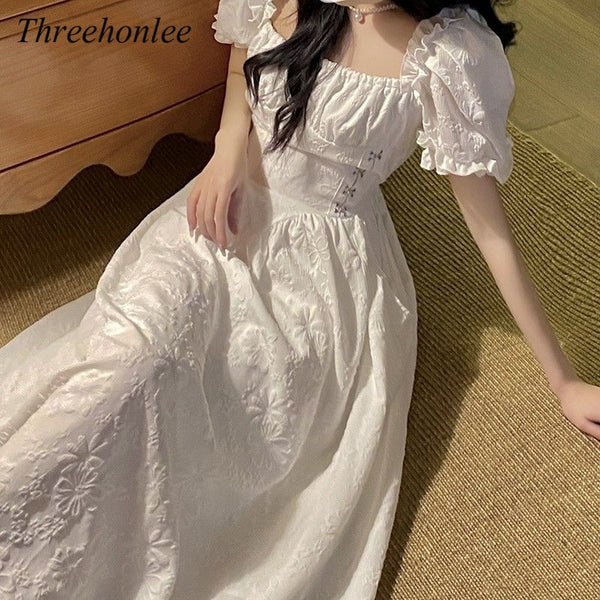 Summer Korean Women White Elegant Dress Print High Waist Chic Sweet Slim Short Sleeve Casual Vintage Floral Long Dress