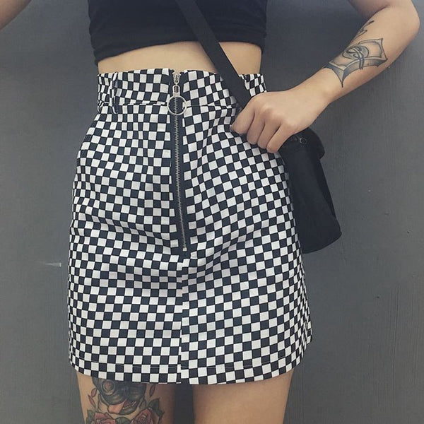 Summer Streetwe Women Sexy Black and Plaid Bodycon Ladies Skirt Sexy Zipper Decor Skinny Femme Skirts Female Bottom