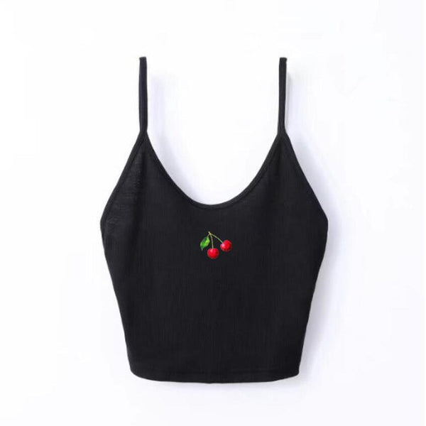 Summer Women Cherry Printing Tank Top For Short Tops Woman Sexy Elasticity Slim Sleeveless Tie Front Ribbed Crop Tank Top Tees