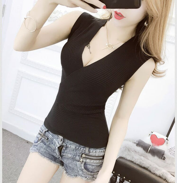 Summer Women Fashion Slim Deep V-neck Knitting Tank Tops Girls Knitted Camisole Solid Sleeveless Tee shirts BH8848