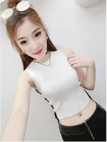 Summer Women Fashion Slim Knitting Lace Up Tank Crop Tops Girls Knitted Camisole Solid Sleeveless Tee shirts Cropped Camis Tops