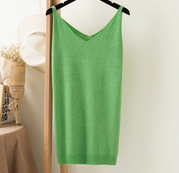 Summer Women Fashion Slim Knitting Long Tank Tops Female Camisole Sleeveless Tee shirts With Shinning Rayon Knitted ZY0382