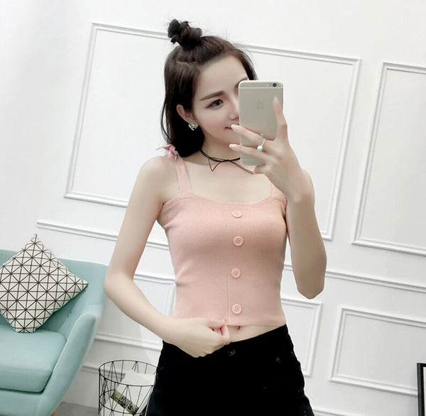 Summer Women Fashion Slim Knitting Tank Crop Tops With Bow Straps Female Knitted Camisole Sleeveless Short T shirts JH716