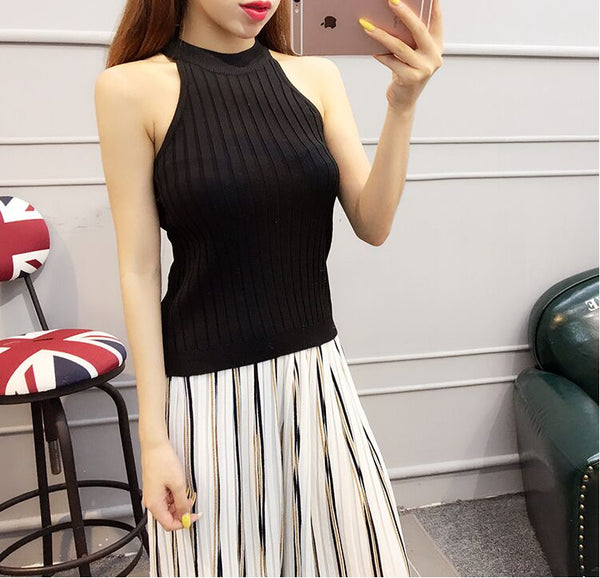 Summer Women Slim Knitting Halter Tank Tops Female Bodycon Knitted Camis Sleeveless Solid T shirts 3610