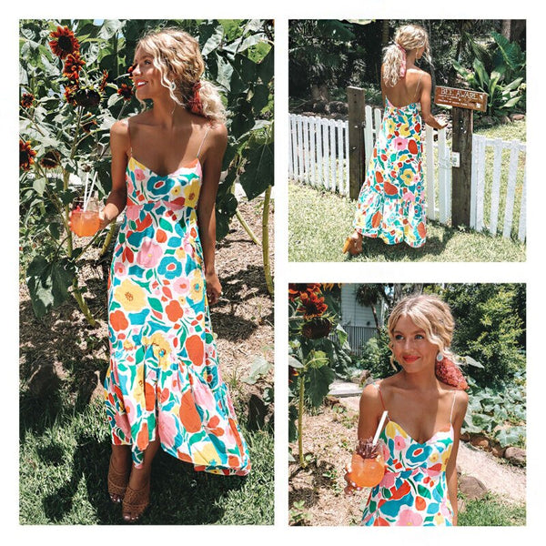 Summer Women Spaghetti Strap Backless Sexy Boho Maxi Dress Evening Party Club Wear Beach Sundress