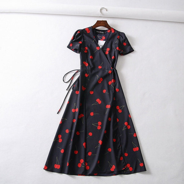 Summer boho Vintage flower dot print wrap dress women short sleeve chiffon beach dress korean fashion v neck party midi dress