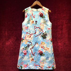 New Summer Runway Tank Dress Women's luxurious Diamonds Angel Print Elegant Ladies Party Jacquard Short Dress