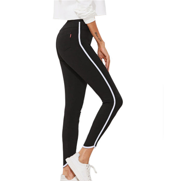 Contrast Trim Skinny Mid Waist Ankle Jeans Black Elastic Waist Stretchy Long Denim Pants Autumn Women Active Jeans