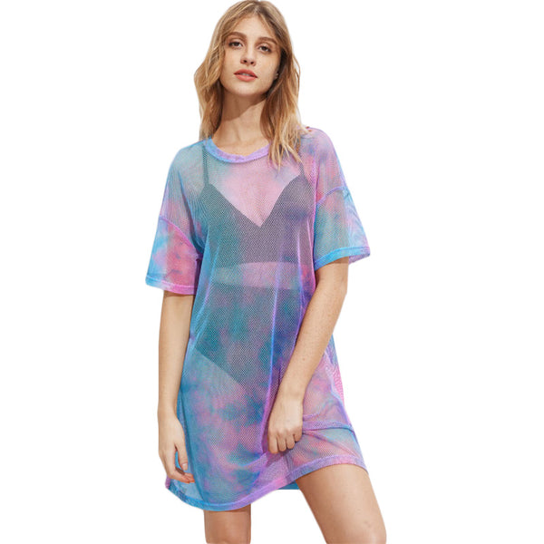 Drop Shoulder Tie Dye Fishnet Cover Ups Dress Fashion Round Neck Short Sleeve Sexy Women Sporting Tshirt Dresses